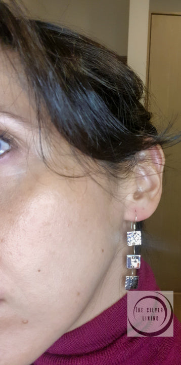 Aretes de plata 925, 3 cuadros 10mm martillado