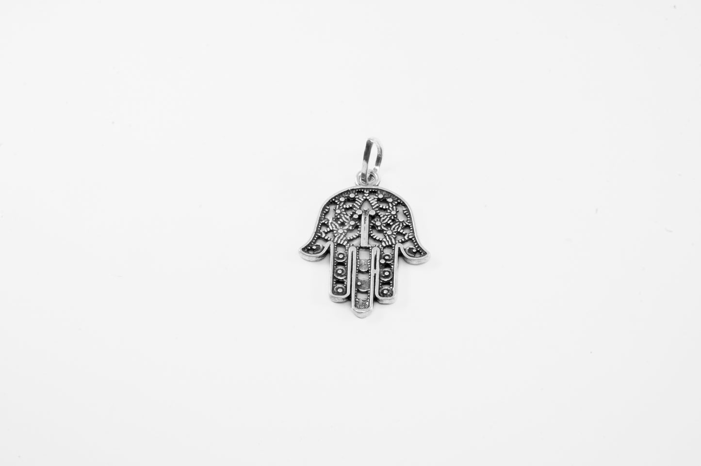 Dije de plata solida 925, Mano de Fátima (25mm) o Hamsa (cadena incluída)