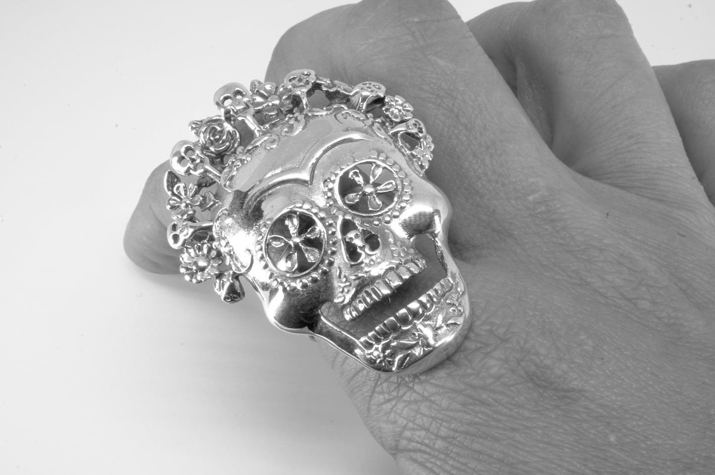 Anillo plata solida 925, cara de catrina coco