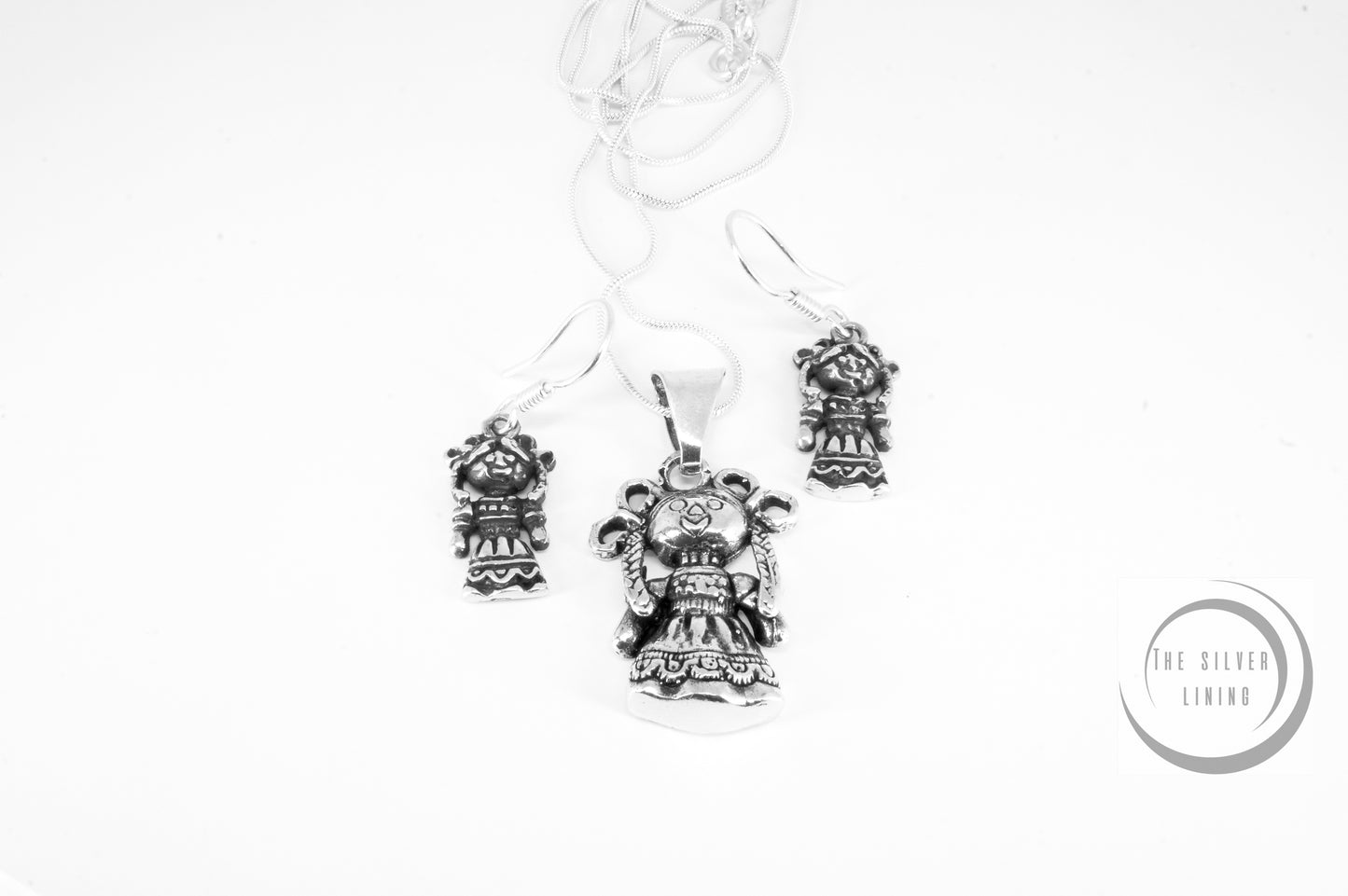Juego de dije y aretes de plata 925, Mexicanísimo muñecas de trapo