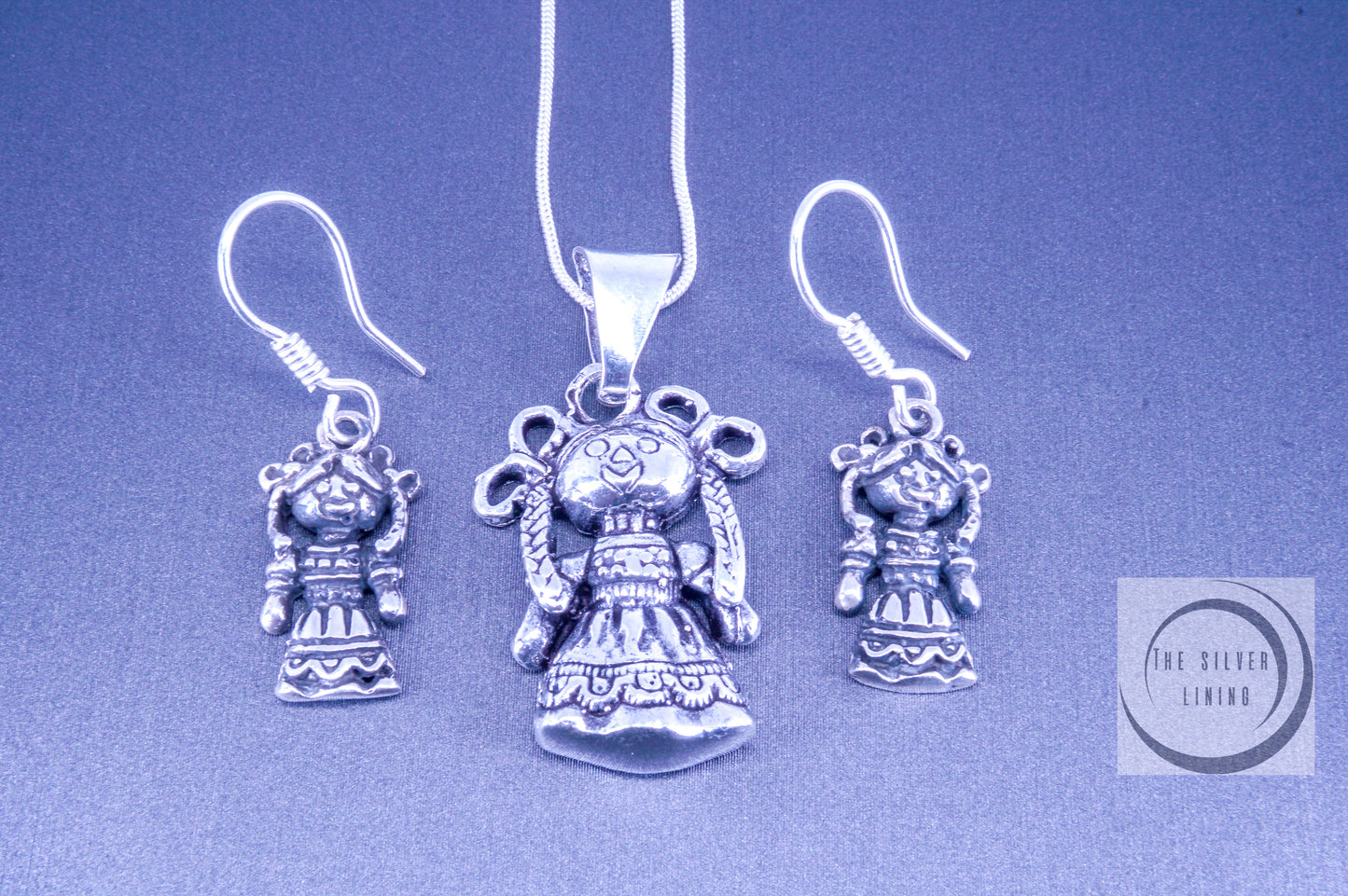 Juego de dije y aretes de plata 925, Mexicanísimo muñecas de trapo