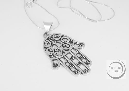 Dije de plata solida 925 Mano de Fátima (40mms) con cadena incluida