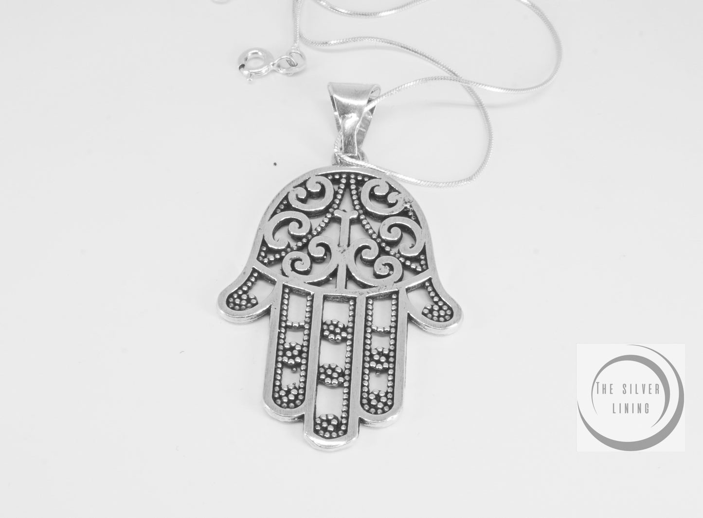 Dije de plata solida 925 Mano de Fátima (40mms) con cadena incluida