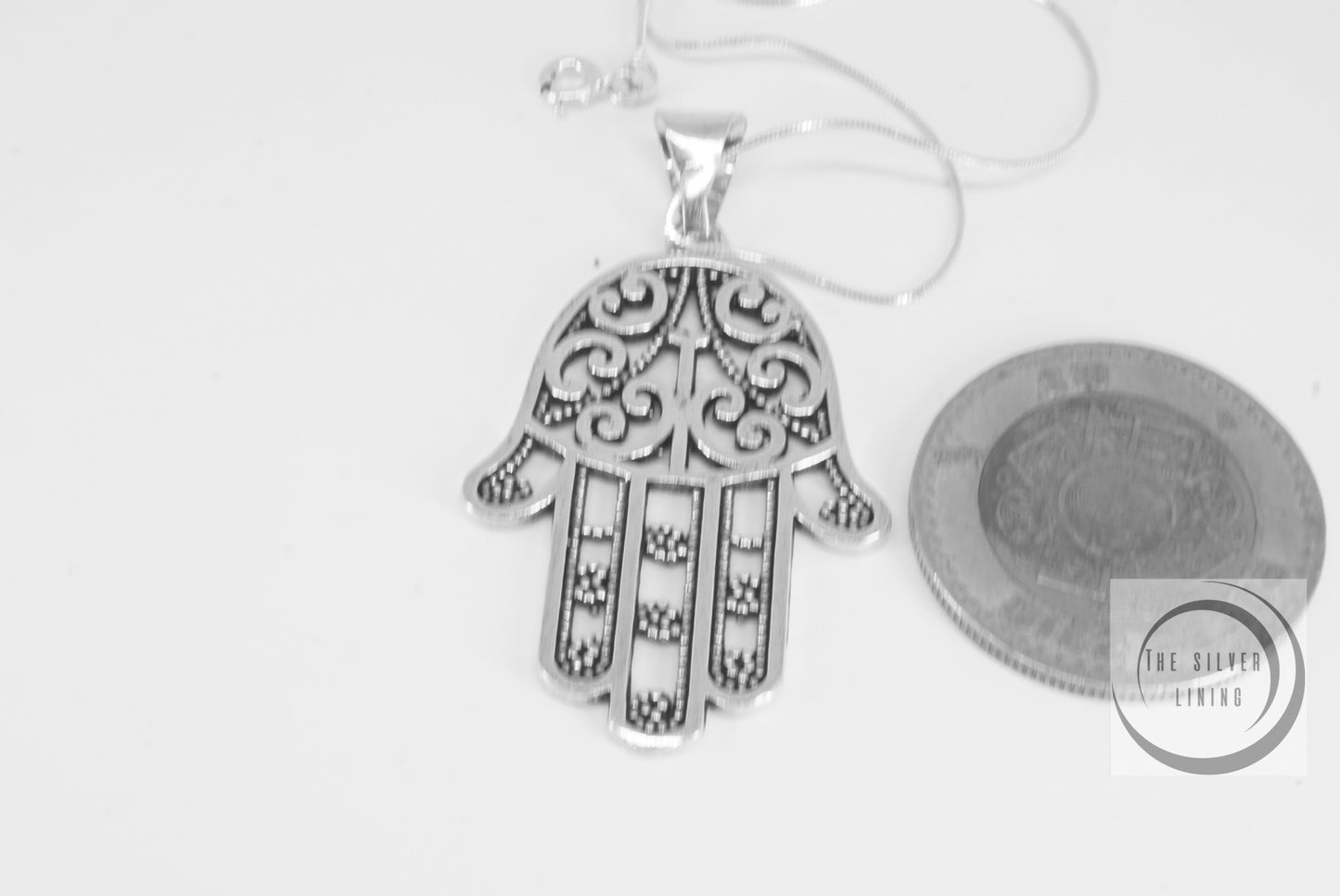 Dije de plata solida 925 Mano de Fátima (40mms) con cadena incluida