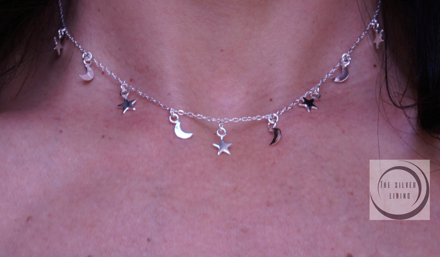 Gargantilla de plata 925, Choker de Luna y Estrellas