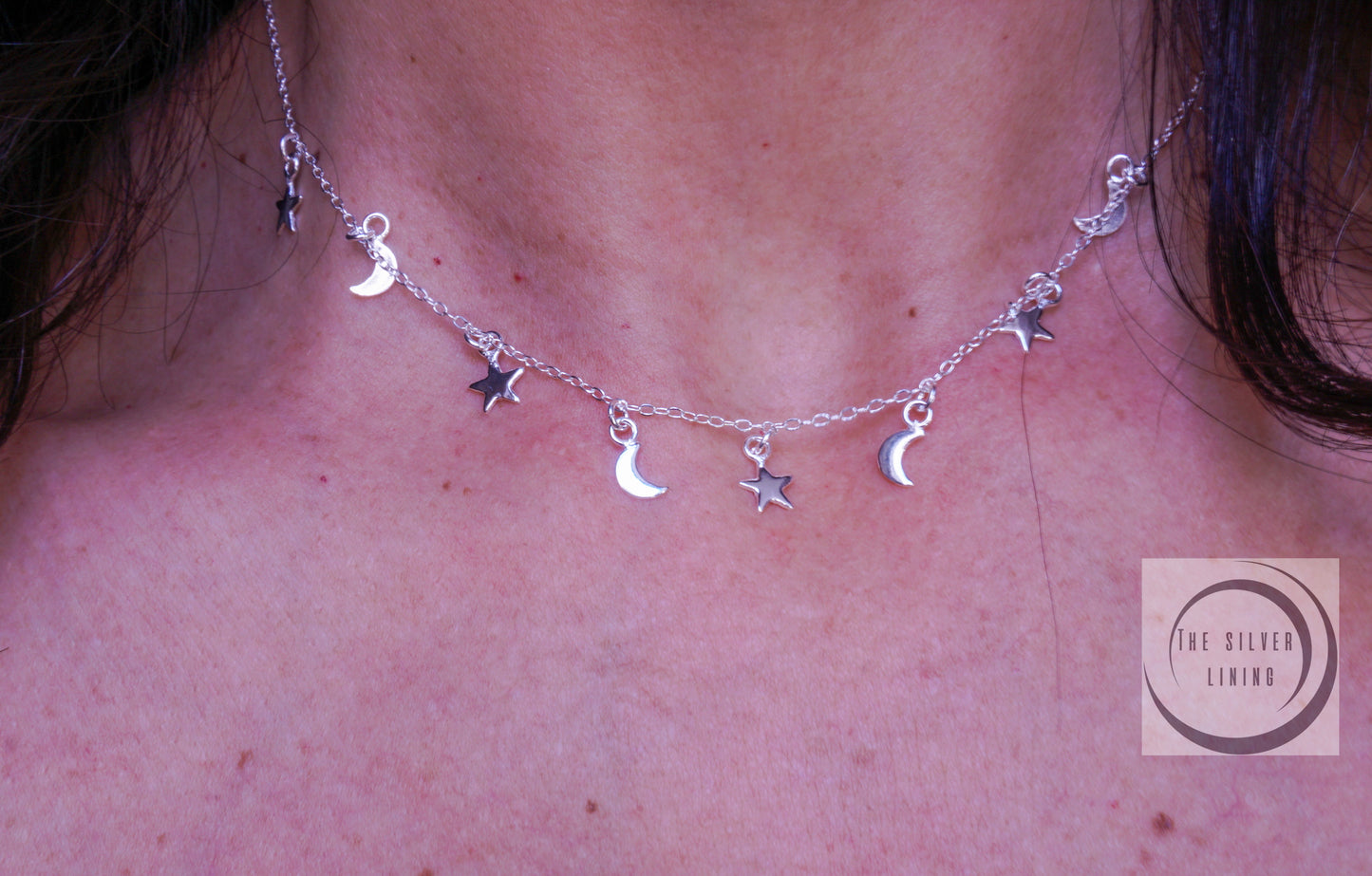 Gargantilla de plata 925, Choker de Luna y Estrellas