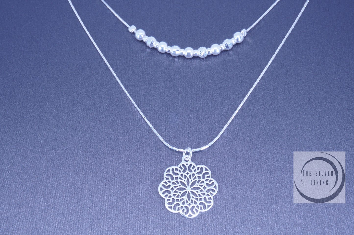 Gargantilla de plata 925, Doble hilo con Mandala y Bolitas