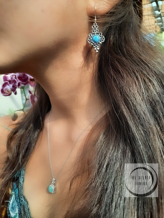 Aretes de plata 925, Étnico con Incrustaciones de Turquesa Natural