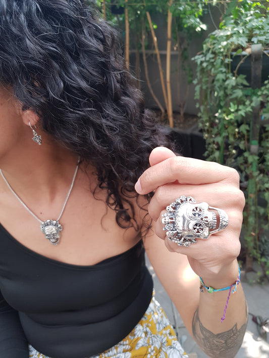 Anillo plata solida 925, cara de catrina coco