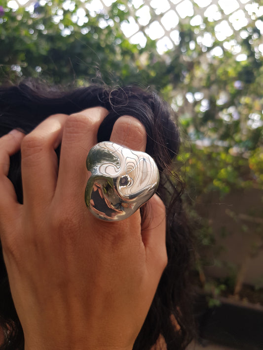 Anillo plata sólida 925 trébol estilizado inflado, talla ajustable