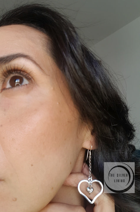 Aretes de plata 925, Aretes largos Corazón en corazón