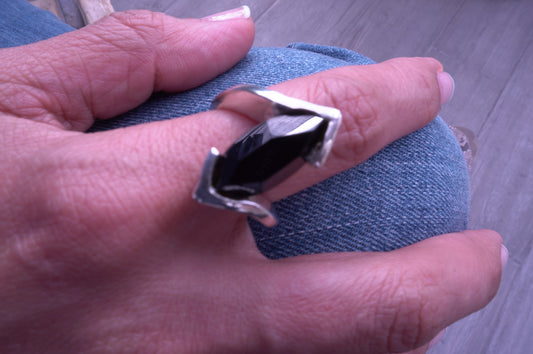 Anillo plata sólida 925, cristal negro montado en oval