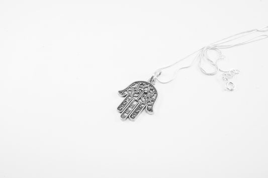 Dije de plata solida 925, Mano de Fátima (25mm) o Hamsa (cadena incluída)