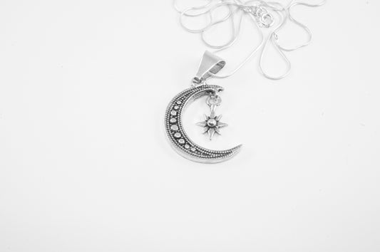 Dije plata solida 925, luna de esferas con estrella colgante (cadena incluída)