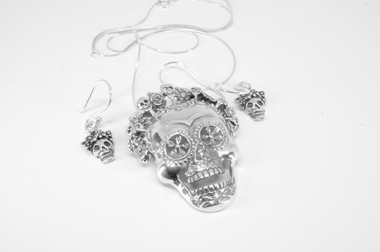 Juego de dije y aretes de plata solida 925, catrina coco con cadena de 48cms incluida