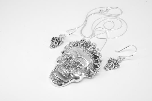 Juego de dije y aretes de plata solida 925, catrina coco con cadena de 48cms incluida