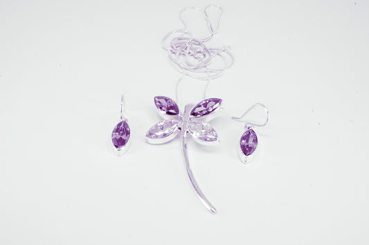 Juego de dije y aretes de plata solida 925, metamorfosis con circonia morado con cadena incluida