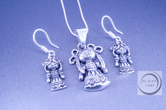 Juego de dije y aretes de plata 925, Mexicanísimo muñecas de trapo