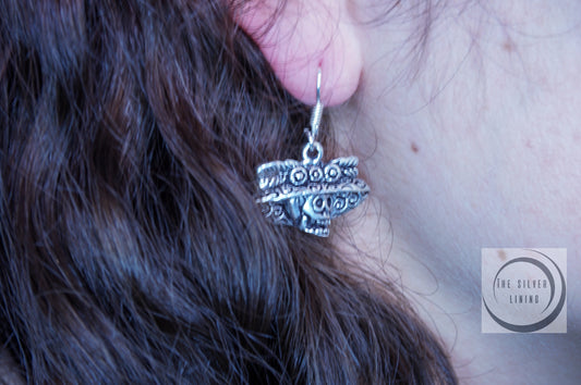 Juego de dije y aretes de plata solida 925, dije de Cara de Catrina con sombrero y aretes de catrina (cadena incluída)