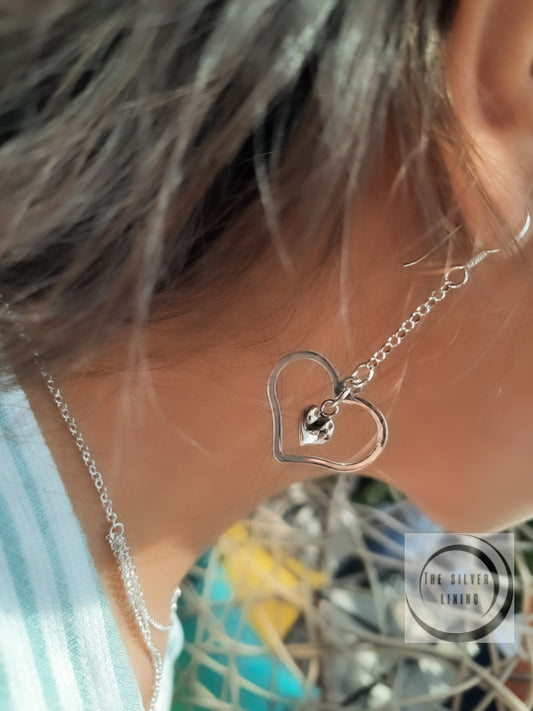 Aretes de plata 925, Aretes largos Corazón en Corazón