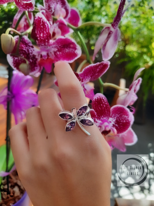 Anillo plata solida 925, metamorfosis con circonia color lila