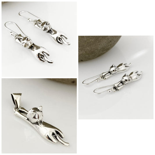 Dije y aretes de plata 925, juego de gatitos